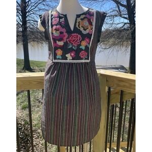 Savanna Jane Women's Multicolor Striped Floral Embroidered Shirt Dress Size S